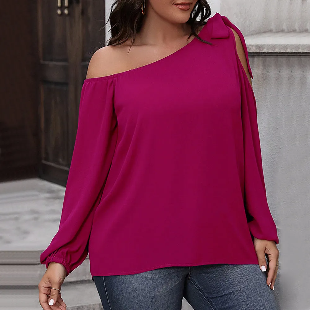 Women's loose fit rose red pullover top with hollow-out detail, long sleeves, polyester knit fabric