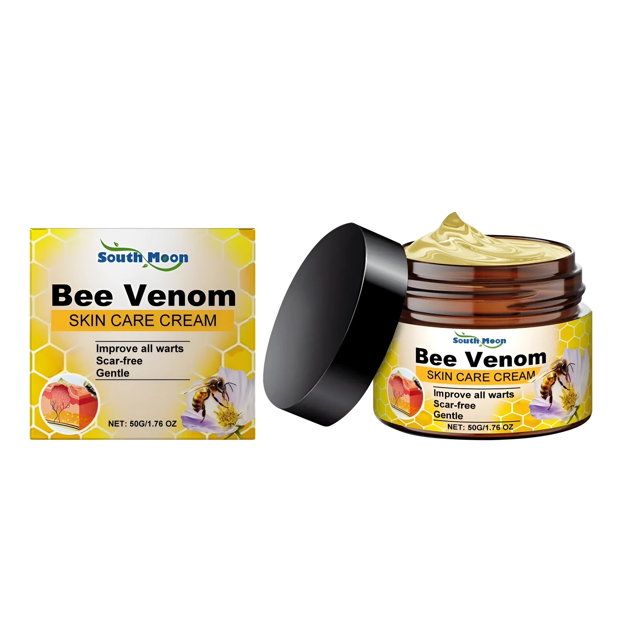 50g jar of skincare cream with bee venom, honey and tea tree oil.