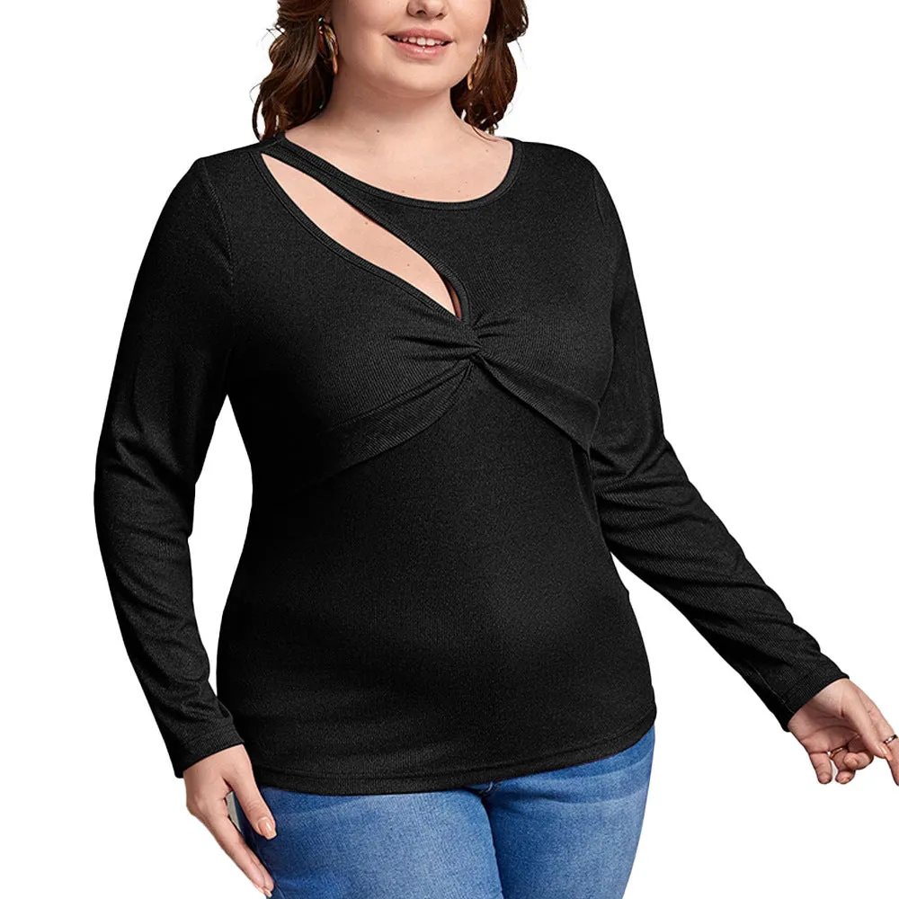 Women's slim-fit black long-sleeved top with delicate hollow-out design, plus size 1XL to 3XL
