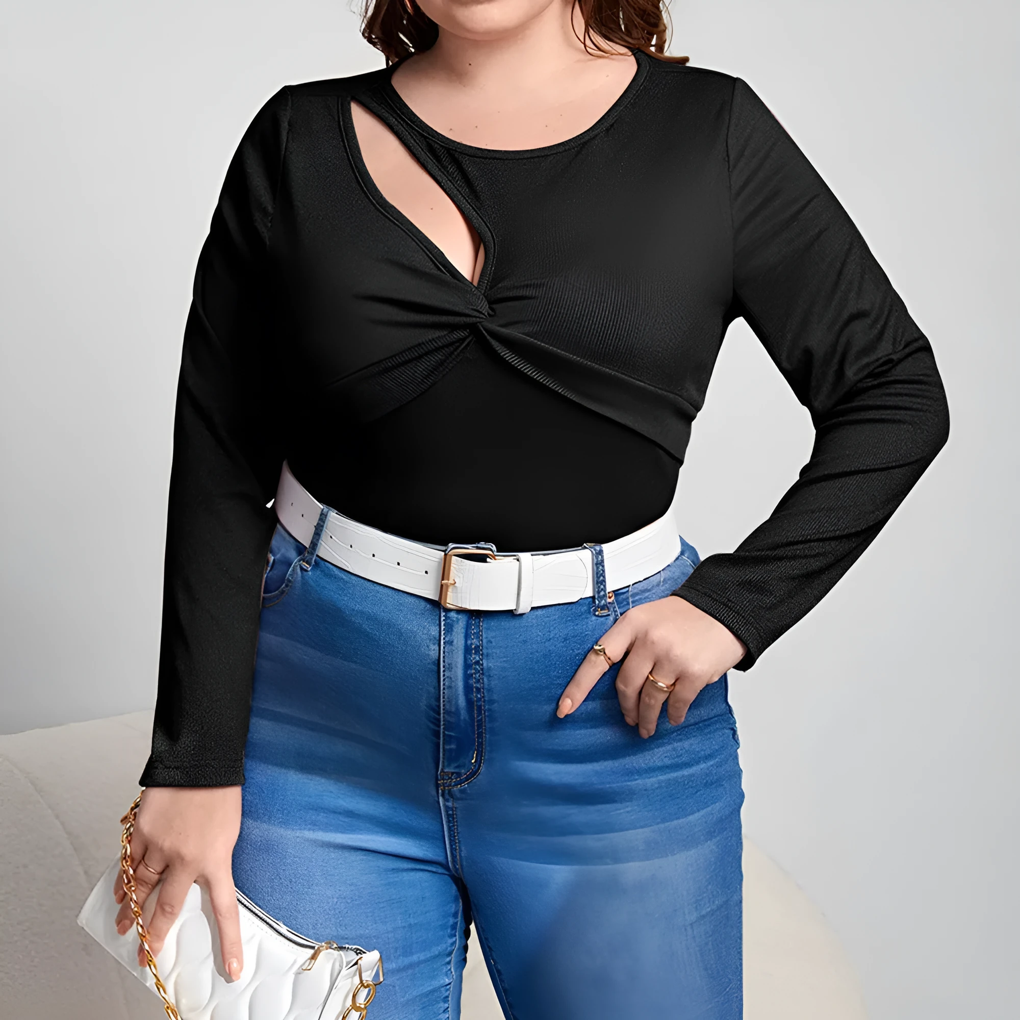 Women's slim-fit black long-sleeved top with delicate hollow-out design, plus size 1XL to 3XL