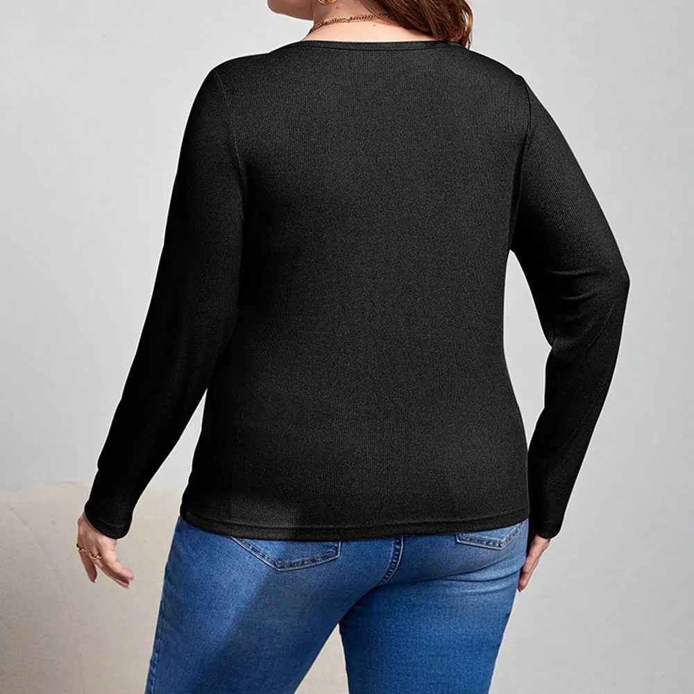 Women's slim-fit black long-sleeved top with delicate hollow-out design, plus size 1XL to 3XL