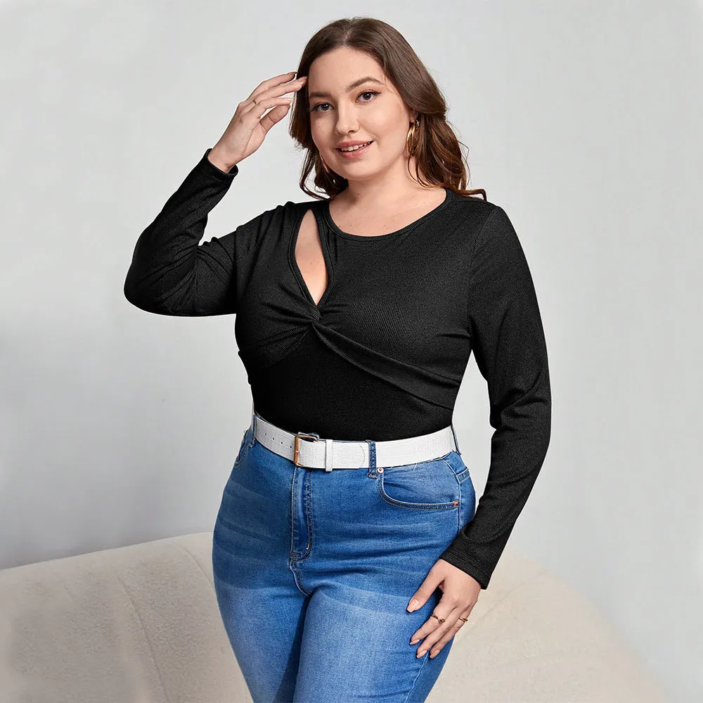 Women's slim-fit black long-sleeved top with delicate hollow-out design, plus size 1XL to 3XL