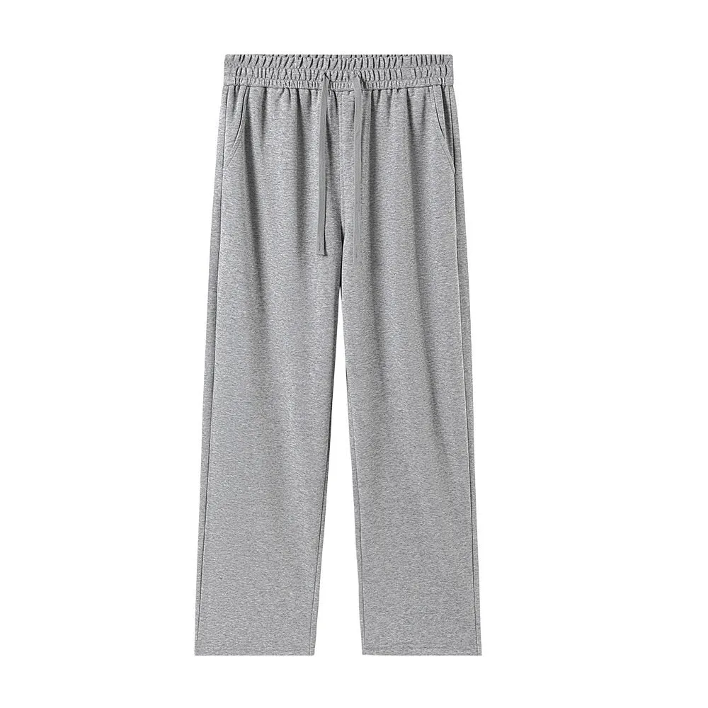 High-waisted straight-leg cotton pants in heather gray, loose fit, available in multiple colours