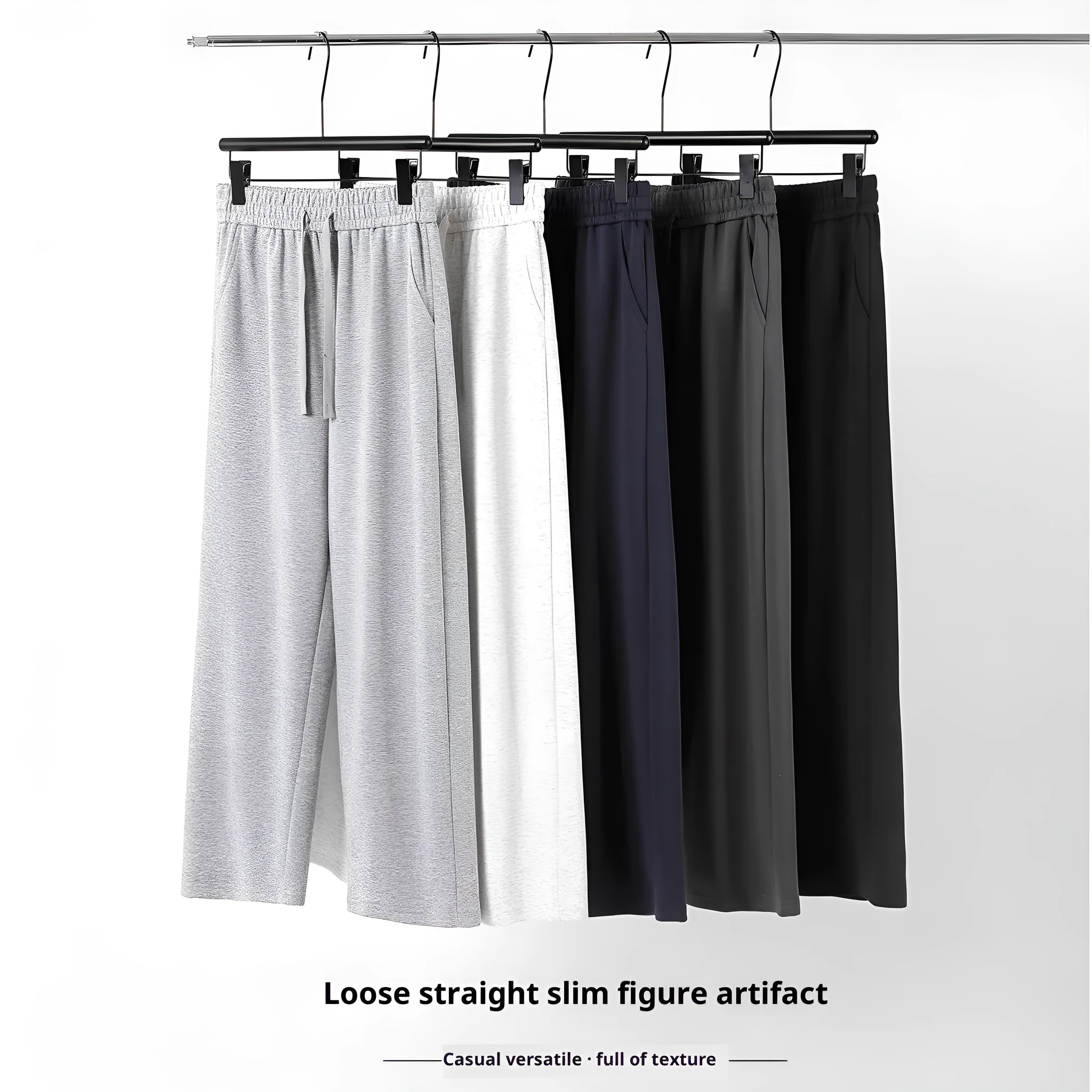 High-waisted straight-leg cotton pants in heather gray, loose fit, available in multiple colours