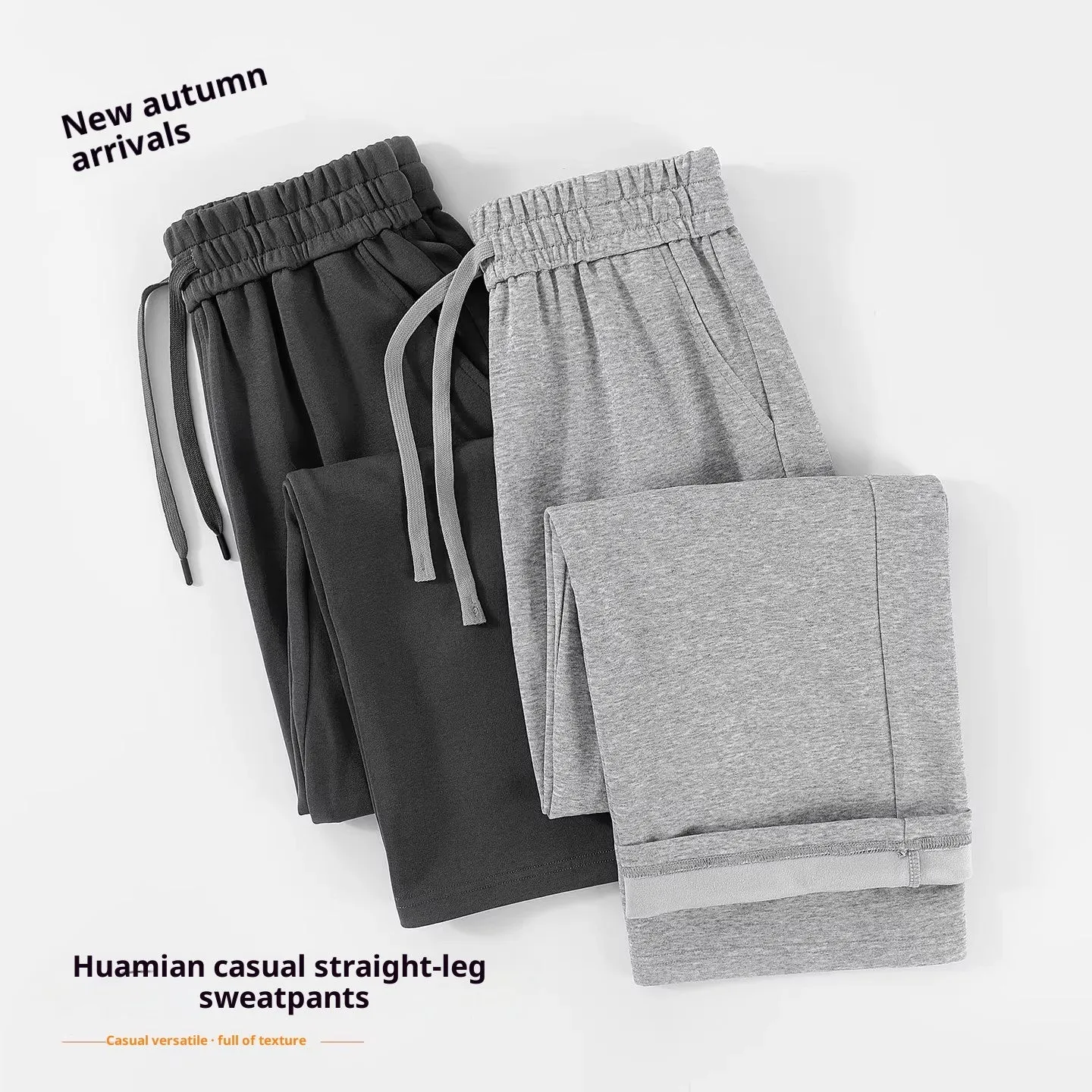 High-waisted straight-leg cotton pants in heather gray, loose fit, available in multiple colours