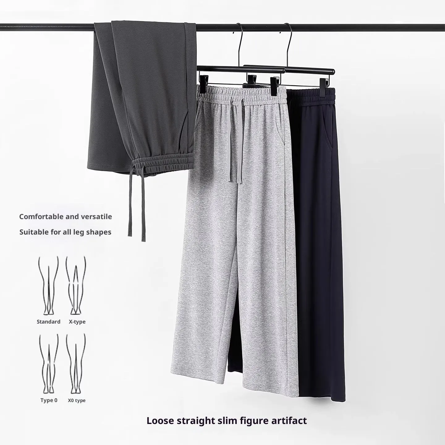 High-waisted straight-leg cotton pants in heather gray, loose fit, available in multiple colours