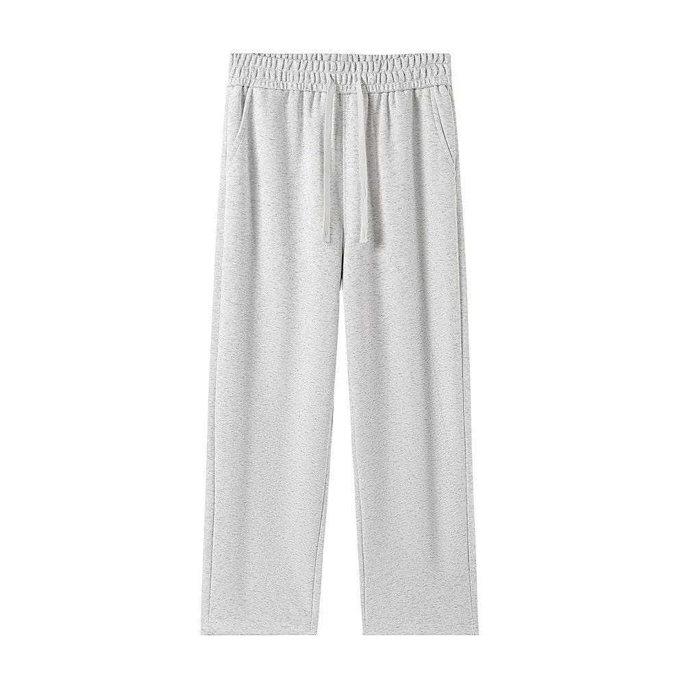 High-waisted straight-leg cotton pants in heather gray, loose fit, available in multiple colours