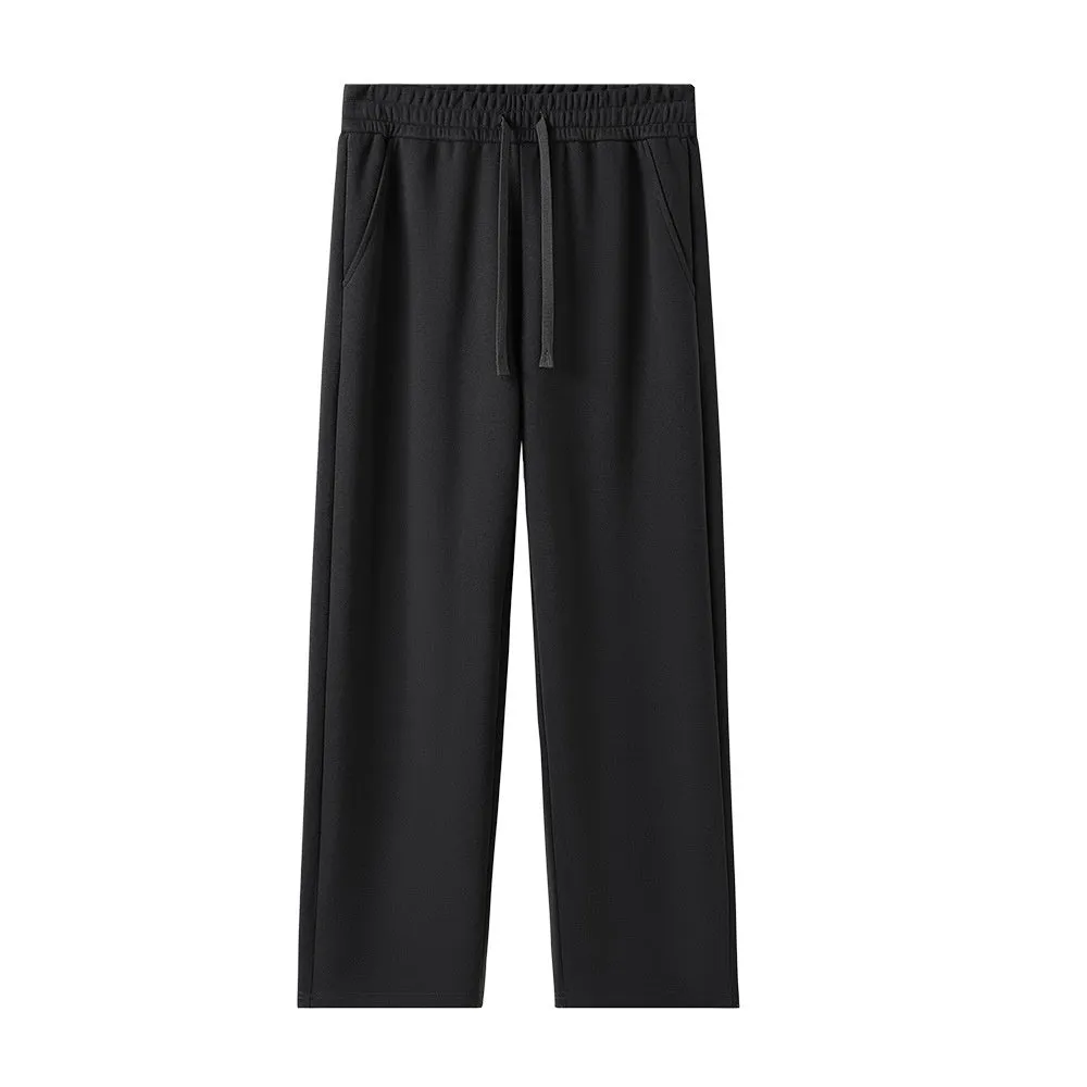 High-waisted straight-leg cotton pants in heather gray, loose fit, available in multiple colours