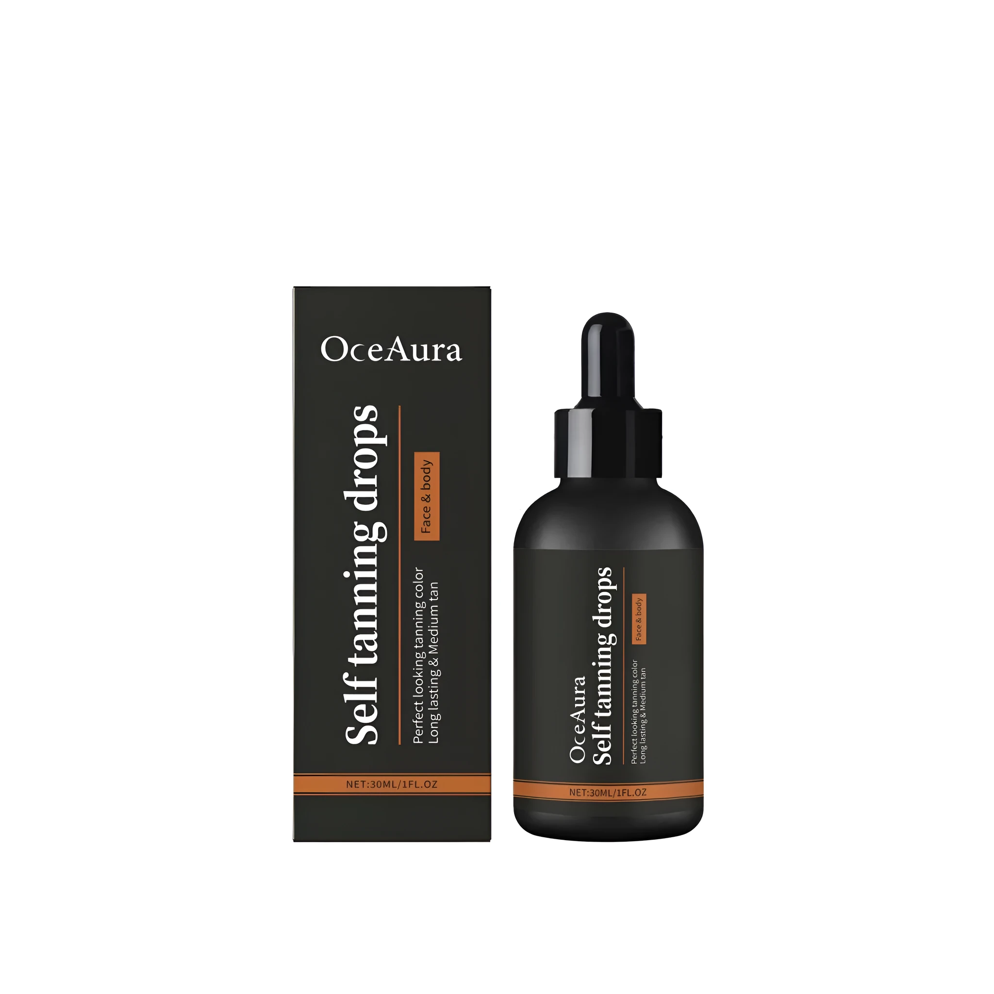 30ml bottle of facial self tanning serum drops with dropper