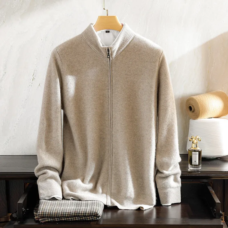 Men's cashmere zippered round neck cardigan sweater in camel colour, long sleeves, front zip closure