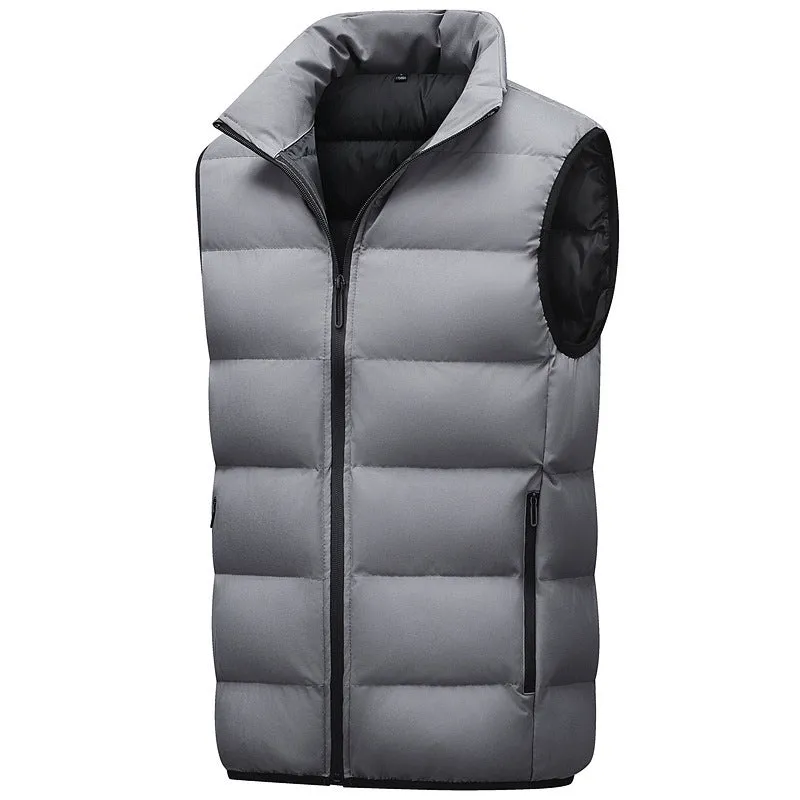 Men's casual waterproof polyester vest in black with straight hem, shown on model