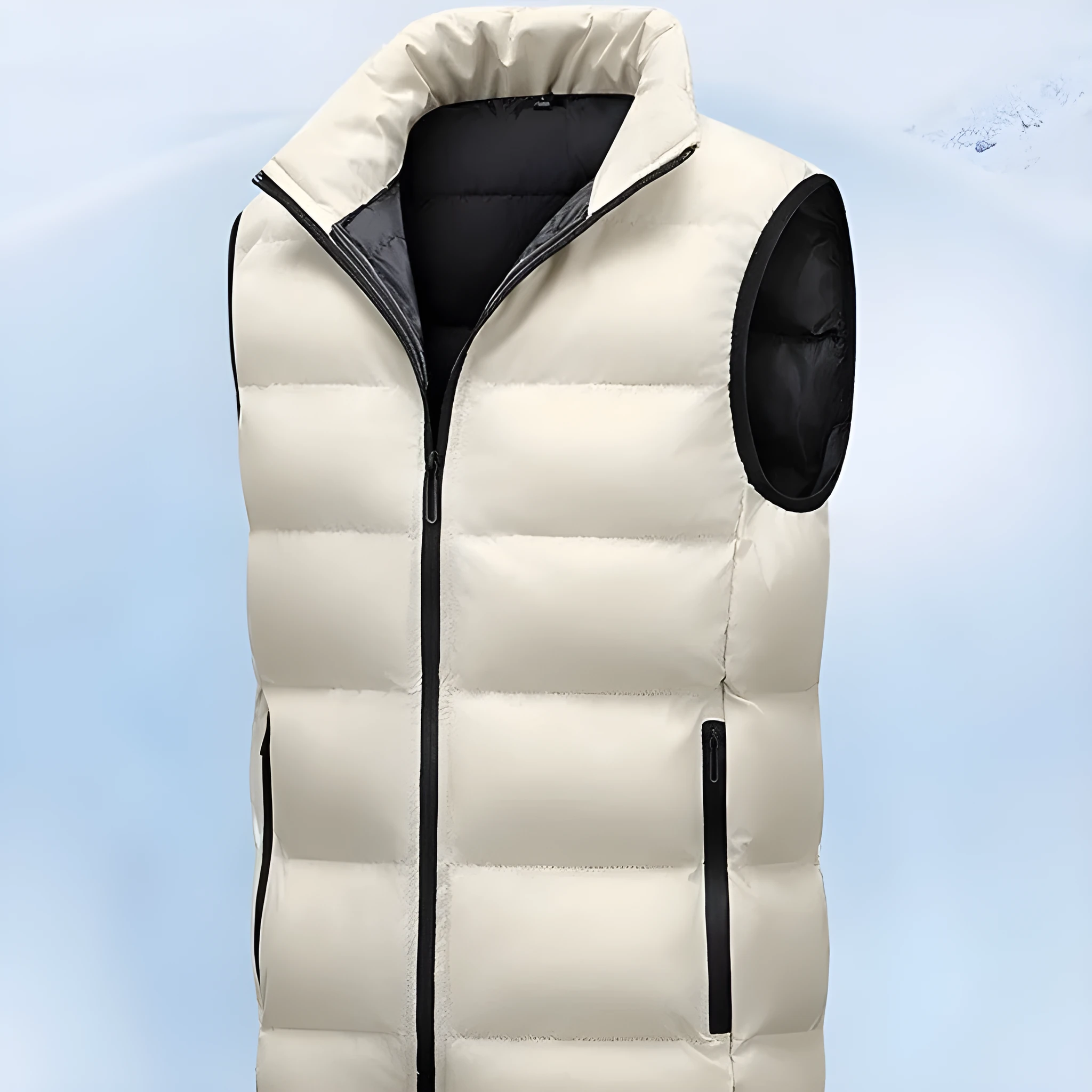 Men's casual waterproof polyester vest in black with straight hem, shown on model