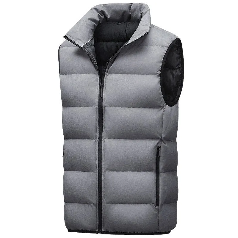 Men's casual waterproof polyester vest in black with straight hem, shown on model