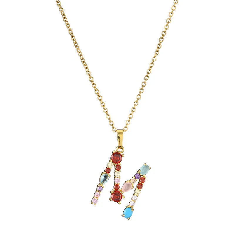 Copper micro-set zirconium English letter initial pendant with matching chain, light luxury style