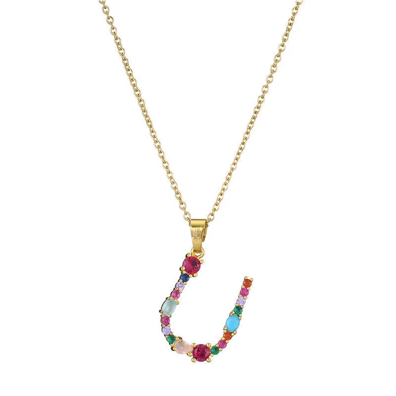 Copper micro-set zirconium English letter initial pendant with matching chain, light luxury style