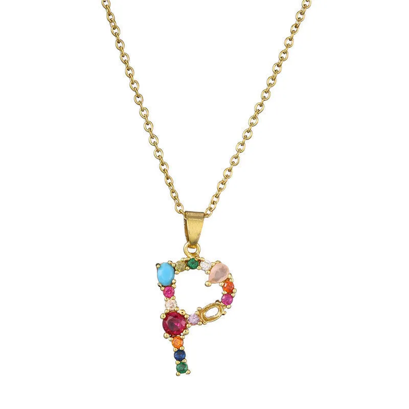 Copper micro-set zirconium English letter initial pendant with matching chain, light luxury style
