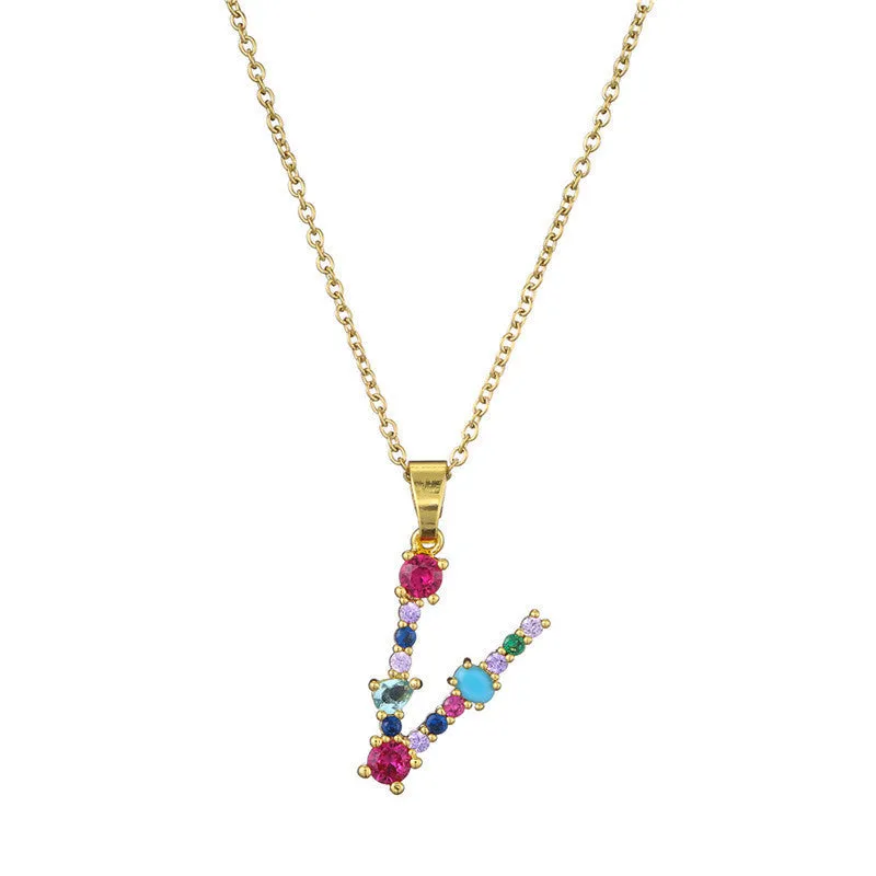 Copper micro-set zirconium English letter initial pendant with matching chain, light luxury style