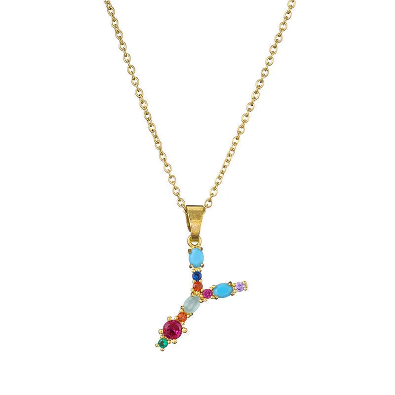 Copper micro-set zirconium English letter initial pendant with matching chain, light luxury style