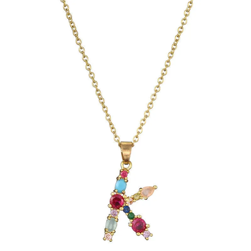Copper micro-set zirconium English letter initial pendant with matching chain, light luxury style