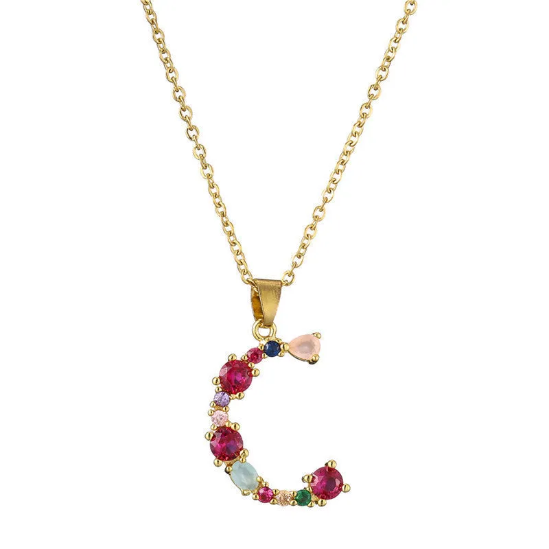 Copper micro-set zirconium English letter initial pendant with matching chain, light luxury style