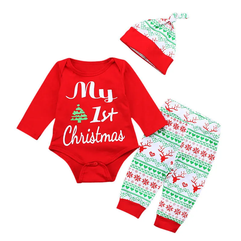 Red long sleeve cotton letter print baby jumpsuit set with pants and hat for heights 70-100