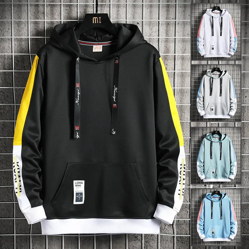 Men's casual loose fit hooded top in polyester, black colour option, front view