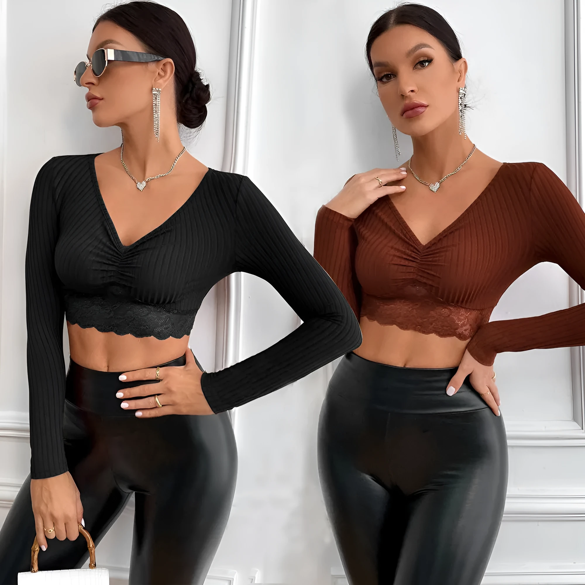 Solid colour women's slim fit long sleeve polyester top in black, front view