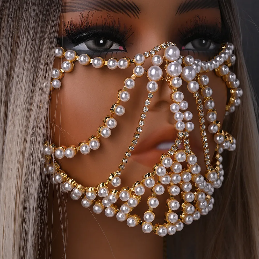 Geometric alloy party mask with electroplated gemstones in silver and gold colours