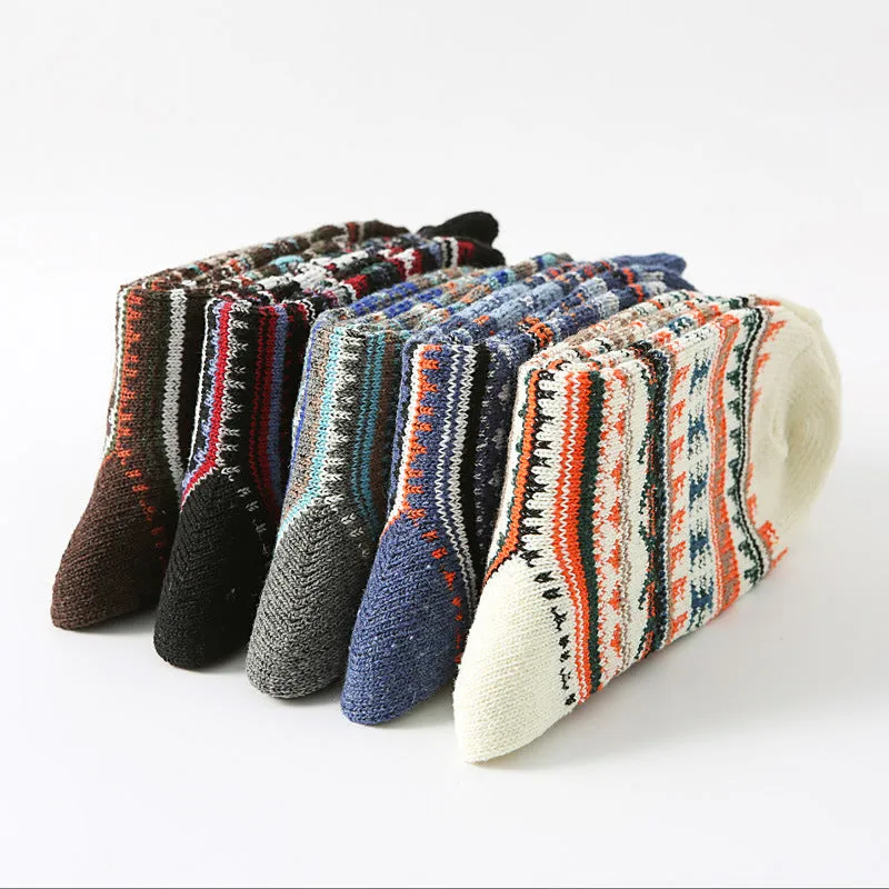 Retro cotton men's anti-friction mid-calf socks in a thick needle large square pattern, 5 pairs pack