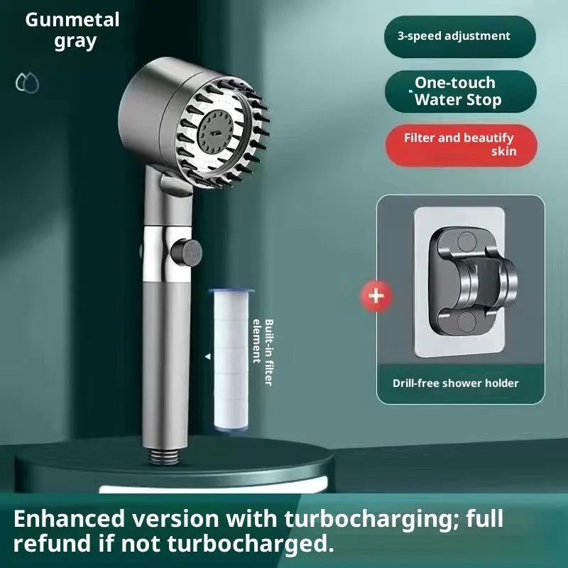 Supercharged handheld shower head set in grey finish with LED lighting and universal interface on stainless steel pipe