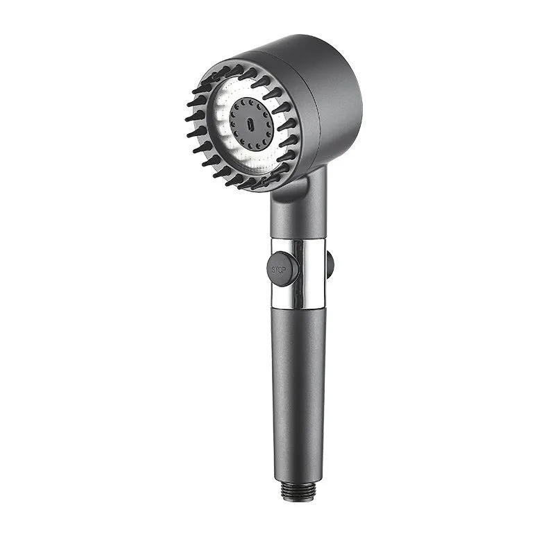 Supercharged handheld shower head set in grey finish with LED lighting and universal interface on stainless steel pipe