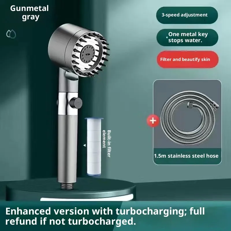Supercharged handheld shower head set in grey finish with LED lighting and universal interface on stainless steel pipe
