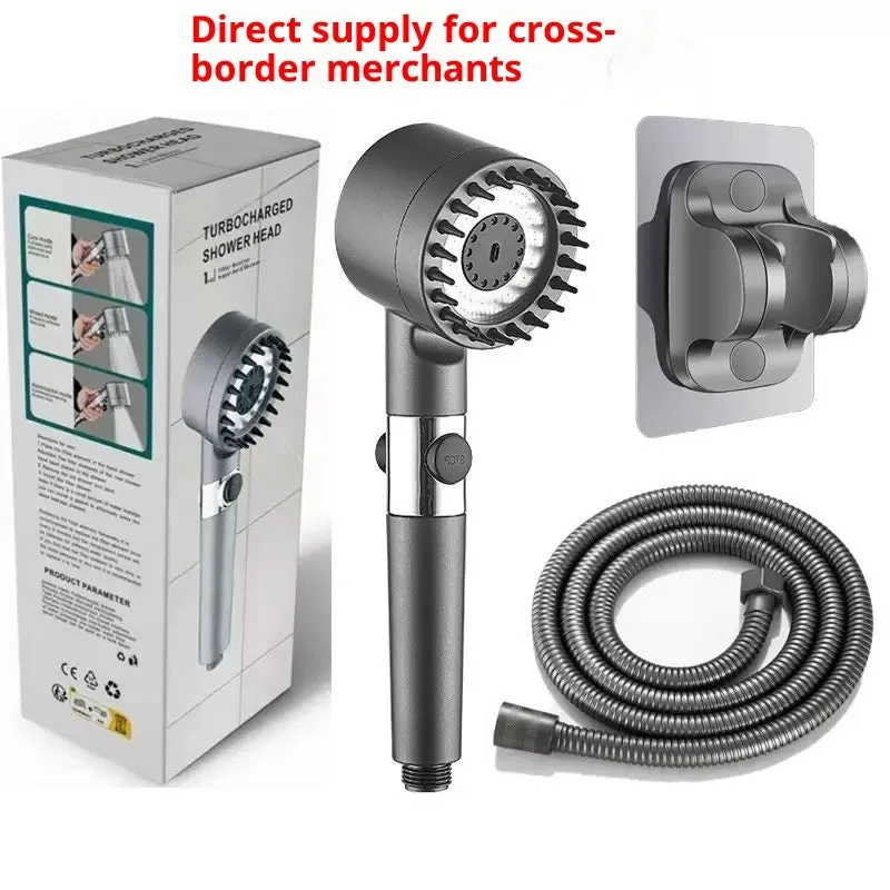 Supercharged handheld shower head set in grey finish with LED lighting and universal interface on stainless steel pipe