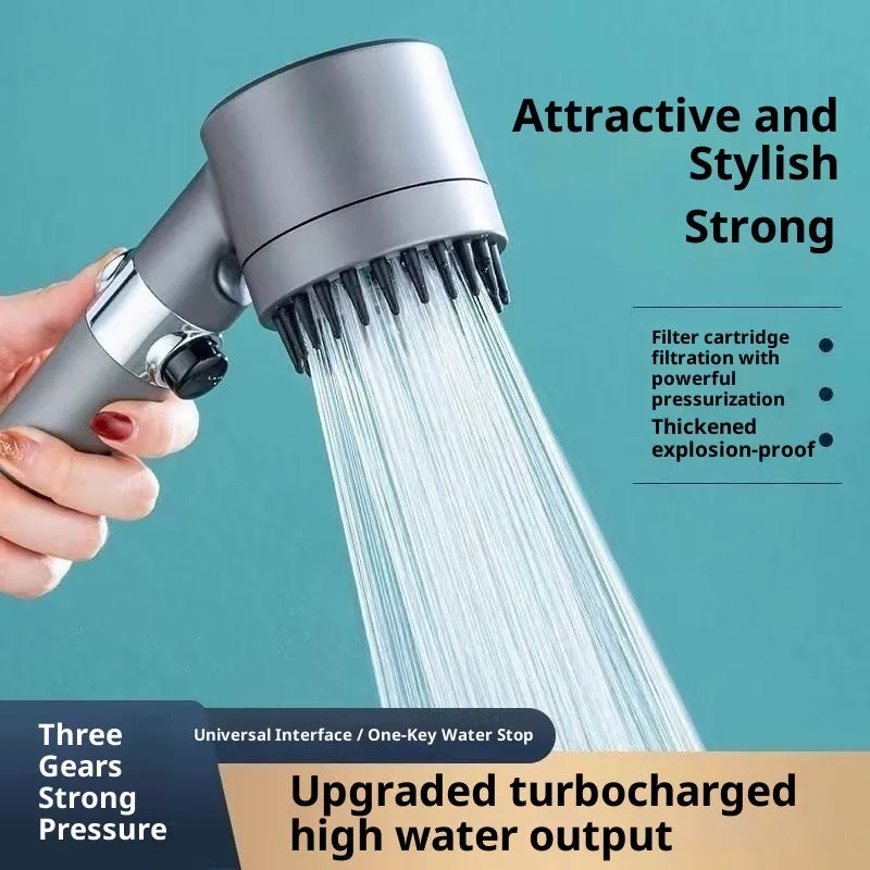 Supercharged handheld shower head set in grey finish with LED lighting and universal interface on stainless steel pipe