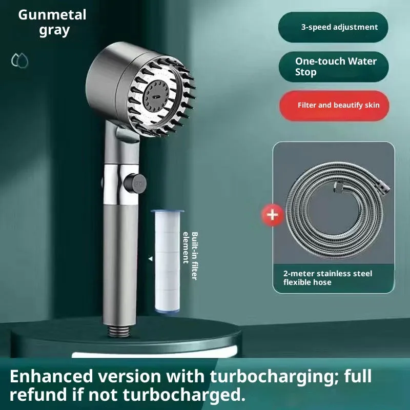 Supercharged handheld shower head set in grey finish with LED lighting and universal interface on stainless steel pipe