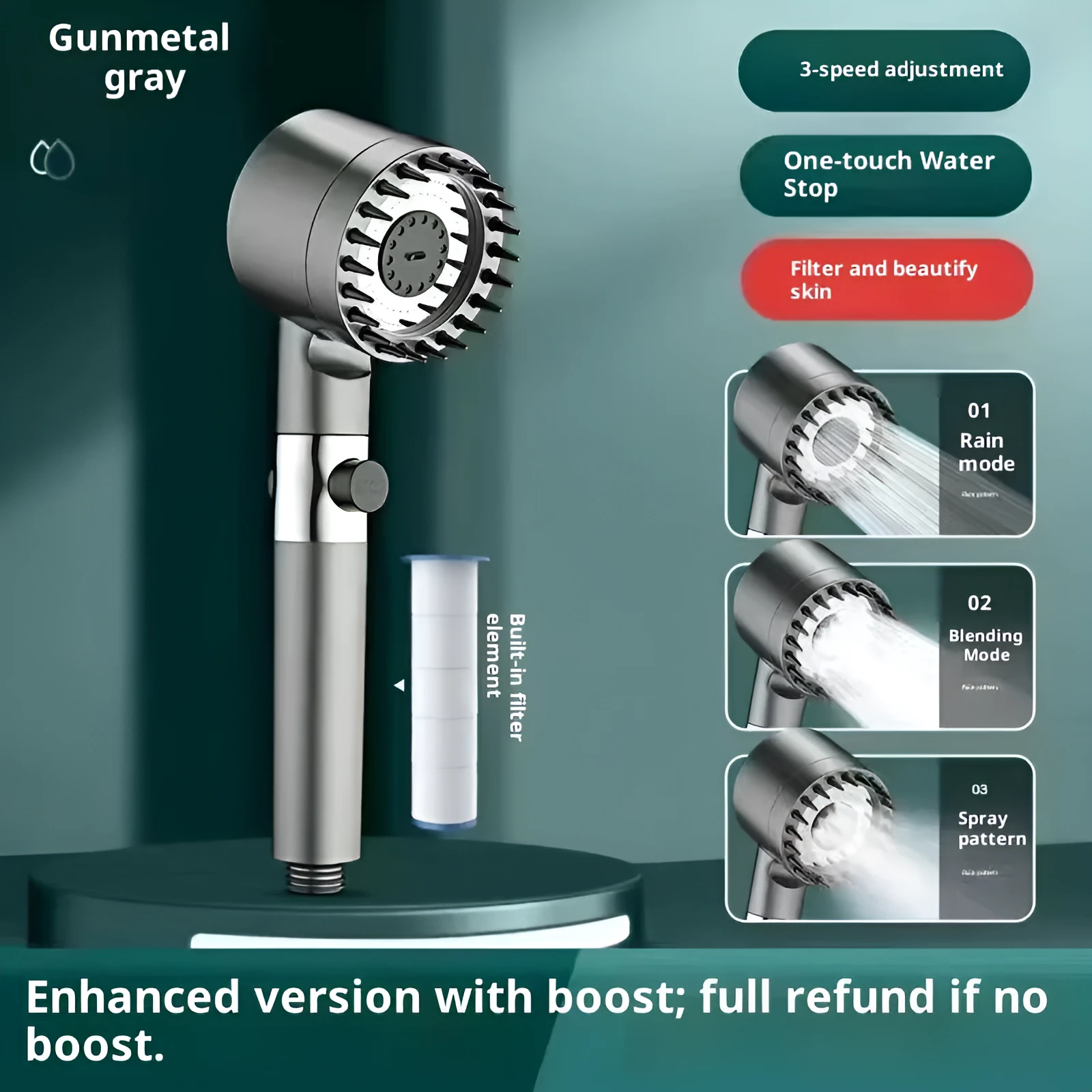 Supercharged handheld shower head set in grey finish with LED lighting and universal interface on stainless steel pipe