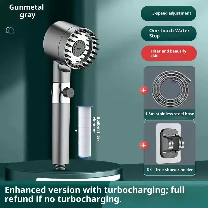Supercharged handheld shower head set in grey finish with LED lighting and universal interface on stainless steel pipe