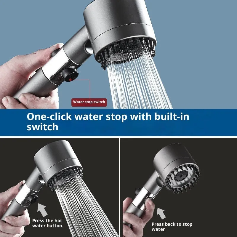 Supercharged handheld shower head set in grey finish with LED lighting and universal interface on stainless steel pipe