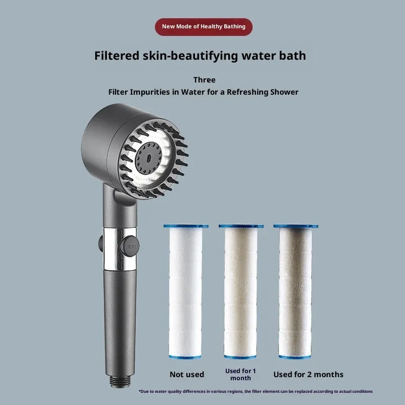 Supercharged handheld shower head set in grey finish with LED lighting and universal interface on stainless steel pipe
