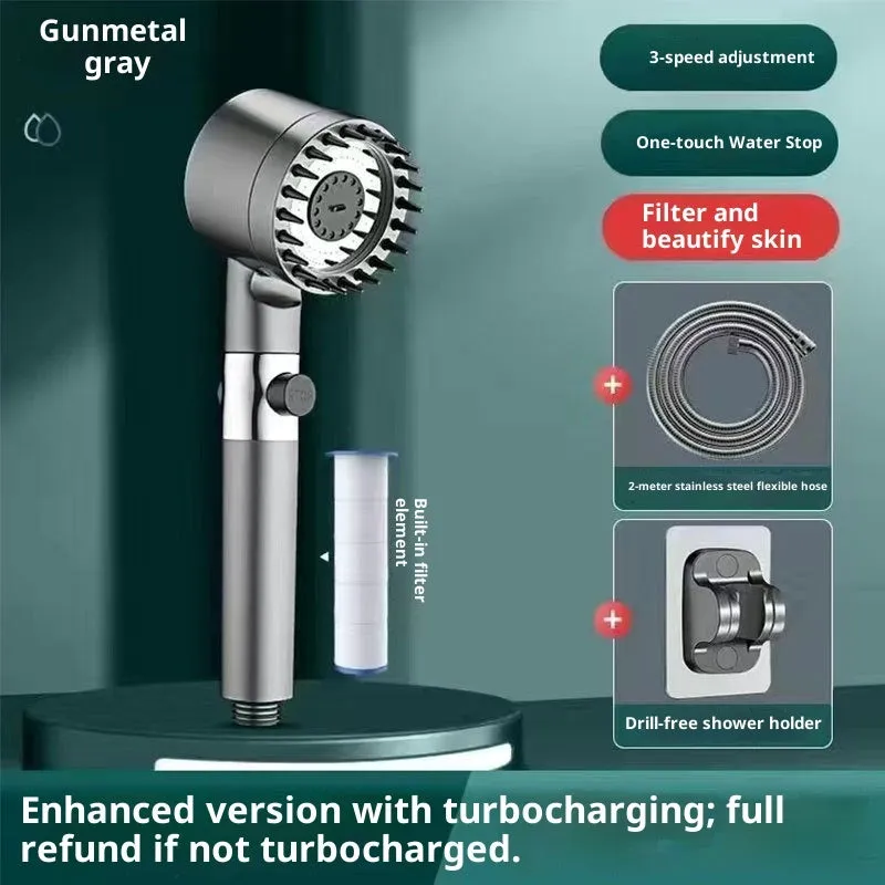 Supercharged handheld shower head set in grey finish with LED lighting and universal interface on stainless steel pipe