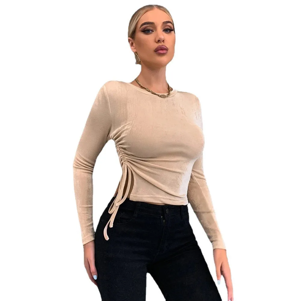 Slim-fit round-neck long-sleeve glossy knit top in solid khaki for women