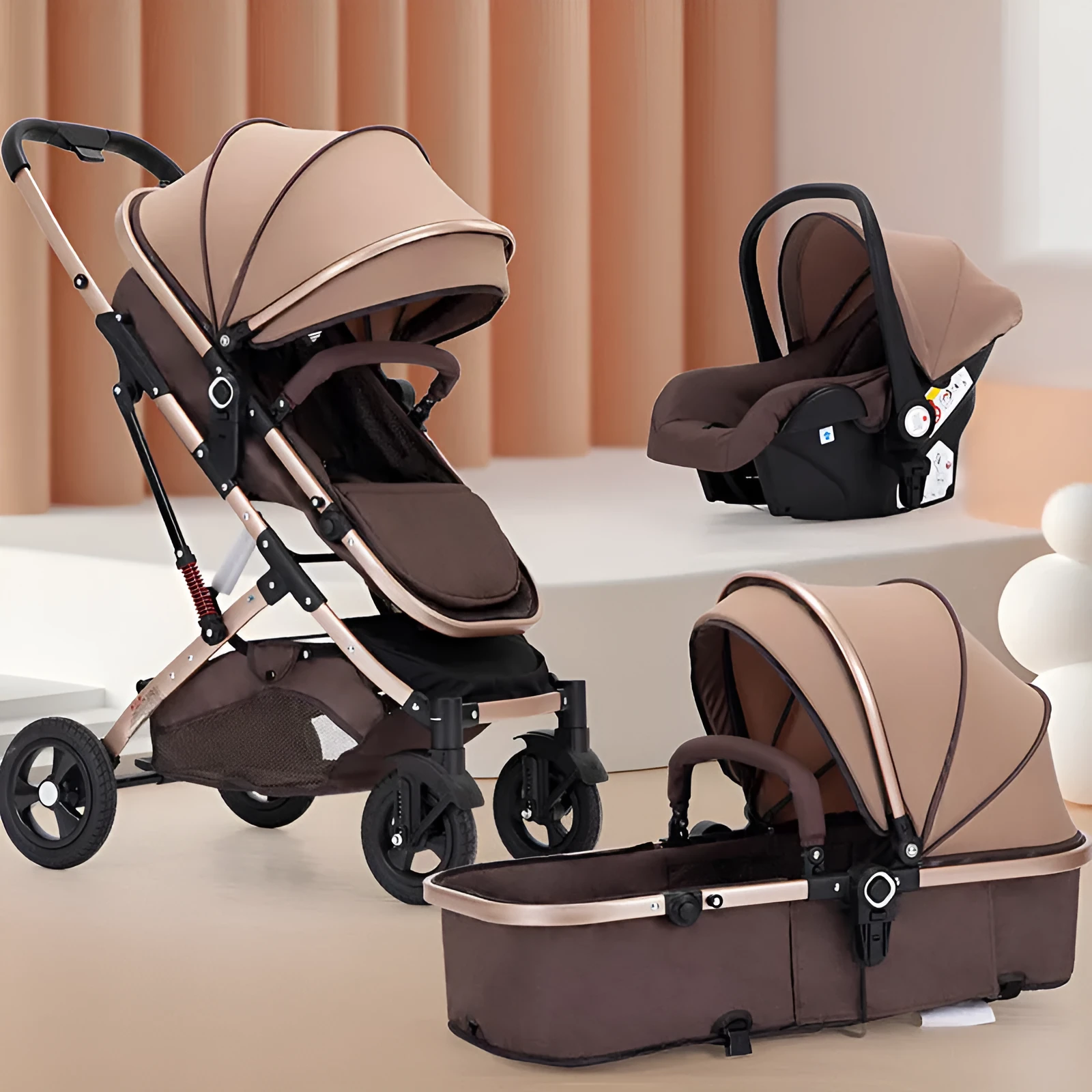 Lightweight basket baby stroller with iron frame in lotus green, seated position, lie-flat recline function