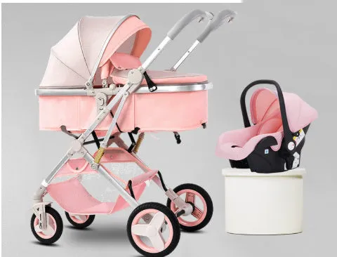 Lightweight basket baby stroller with iron frame in lotus green, seated position, lie-flat recline function
