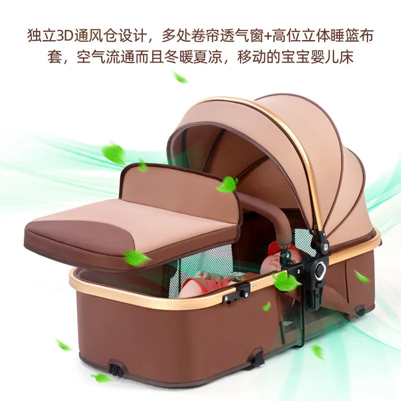 Lightweight basket baby stroller with iron frame in lotus green, seated position, lie-flat recline function