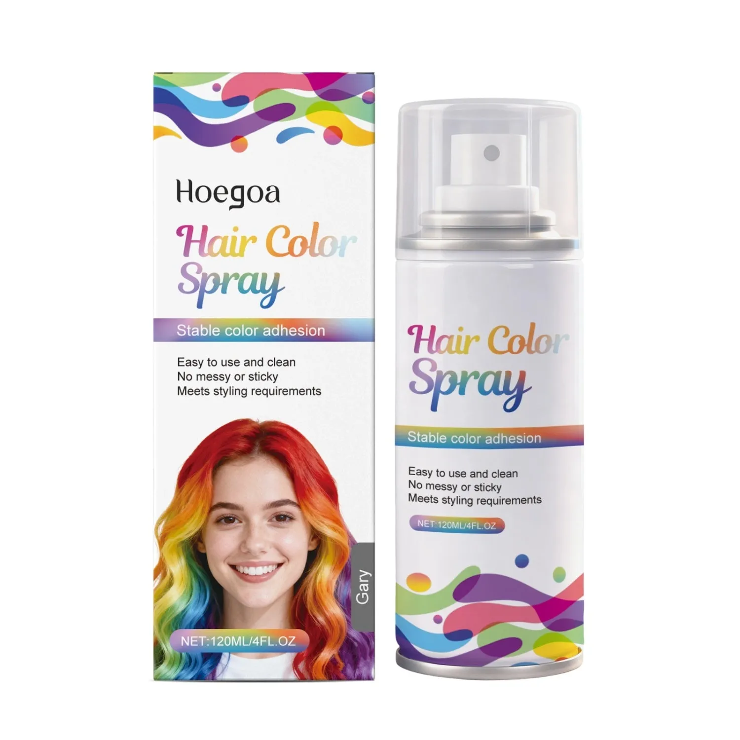Temporary hair spray bottle in pink, red, and silver gray with conditioning ingredients