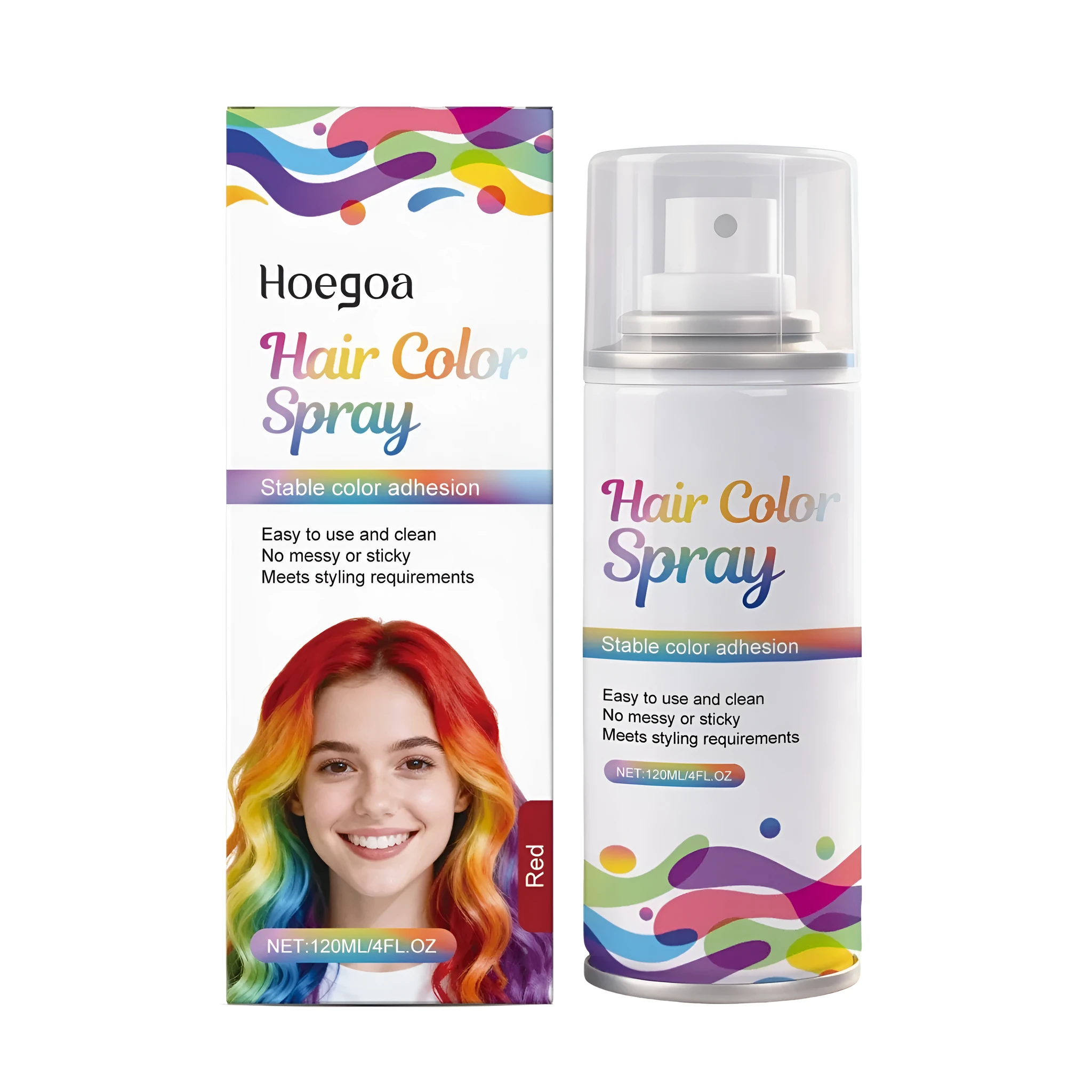 Temporary hair spray bottle in pink, red, and silver gray with conditioning ingredients