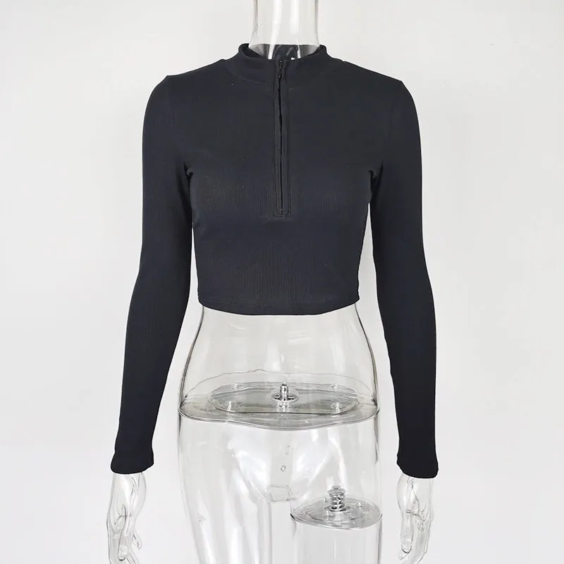 Women's solid colour zipper crop slim fit top in black, long sleeves, front zipper