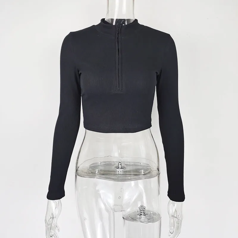 Women's solid colour zipper crop slim fit top in black, long sleeves, front zipper