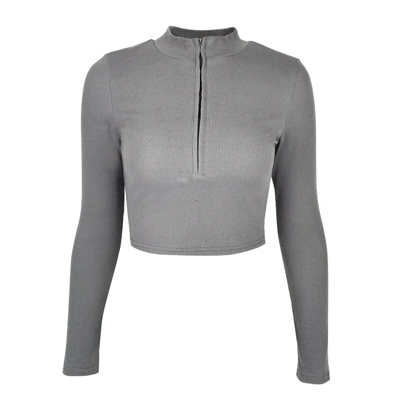 Women's solid colour zipper crop slim fit top in black, long sleeves, front zipper