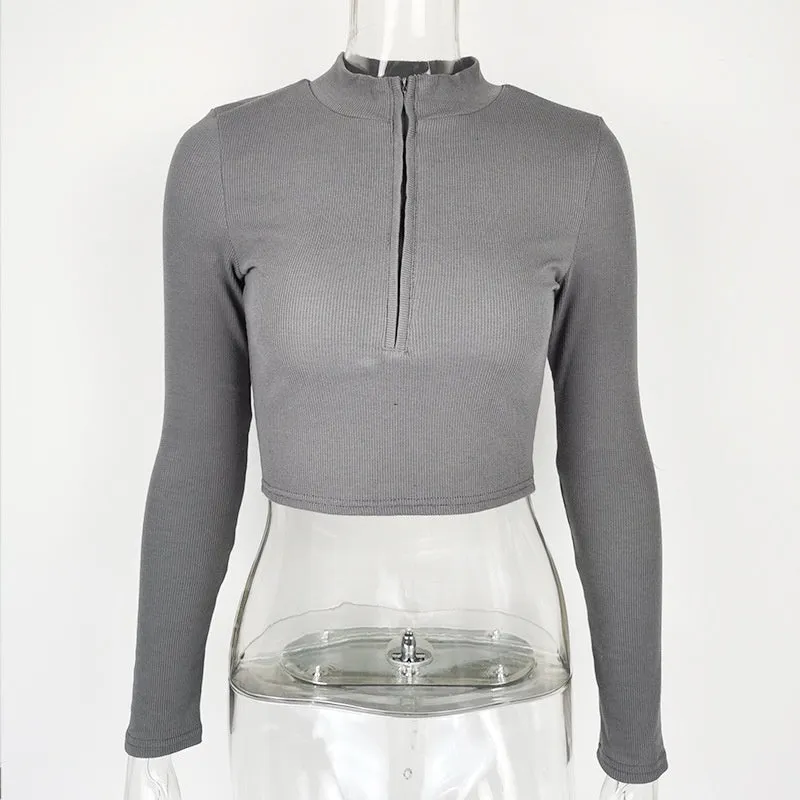 Women's solid colour zipper crop slim fit top in black, long sleeves, front zipper
